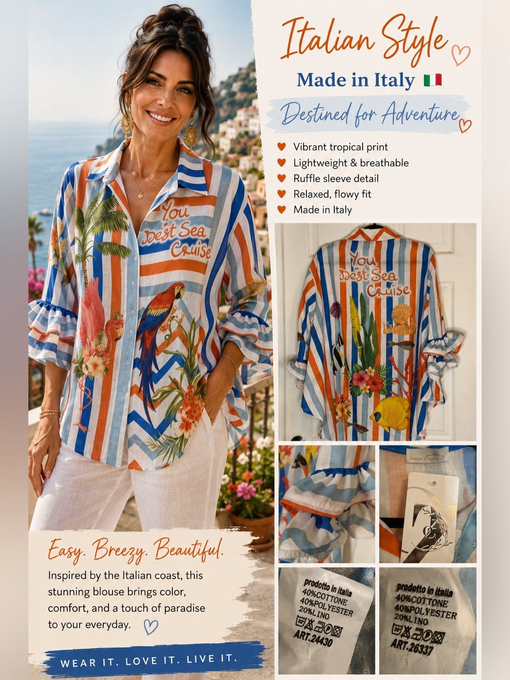 Tropical Print Blouse, One Size, White/Orange/Blue Made in Italy
